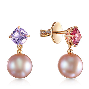 Пусеты из розового золота со шпинелью, бриллиантами и жемчугом