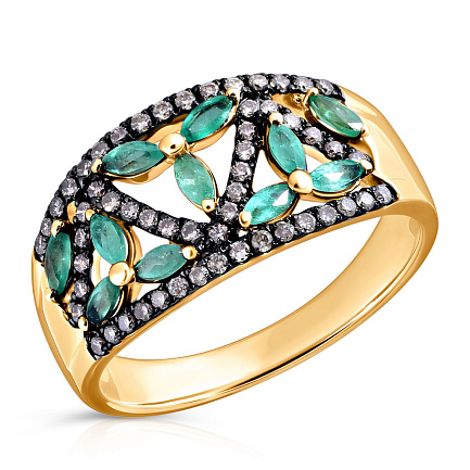 Кольцо из желтого золота с бриллиантами, изумрудами