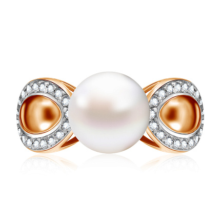 Кольцо из красного золота с жемчугом, фианитом