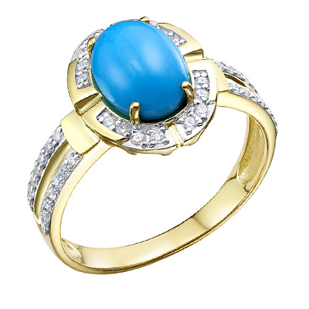 Кольцо из желтого золота с бриллиантами, бирюзой