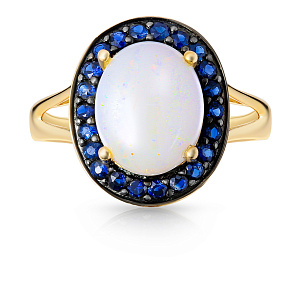 Кольцо из желтого золота с опалом, сапфирами