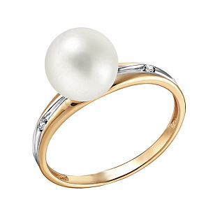 Кольцо из красного золота с жемчугом и фианитом