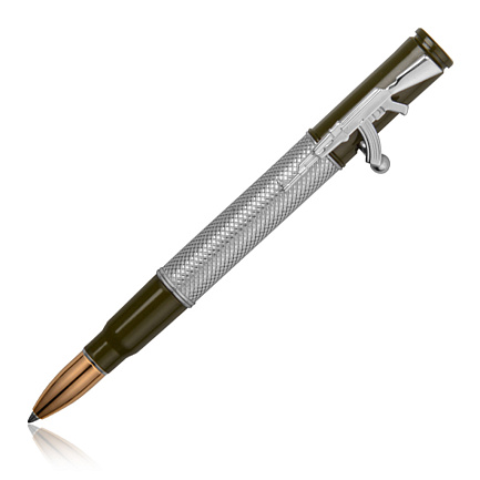 Ручка серебряная с настоящей гильзой, серебряный клип - автомат Калашникова, нажимной механизм в виде затвора