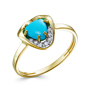 Кольцо из желтого золота с бриллиантами, бирюзой