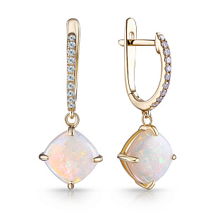 Серьги с английским замком из желтого золота с опалом