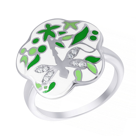 Кольцо из серебра с фианитом, эмалью