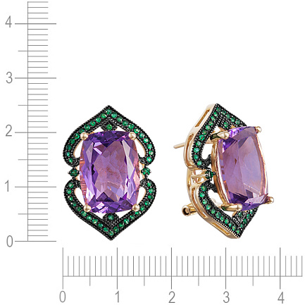 Серьги из желтого золота с аметистами, изумрудами