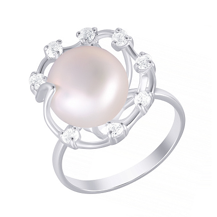 Кольцо из серебра с жемчугом, фианитом