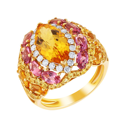 Кольцо из желтого золота с бриллиантами, сапфирами