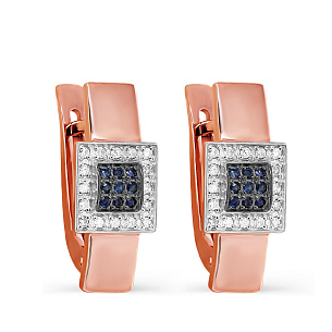 Серьги с английским замком из красного золота с сапфирами, бриллиантами