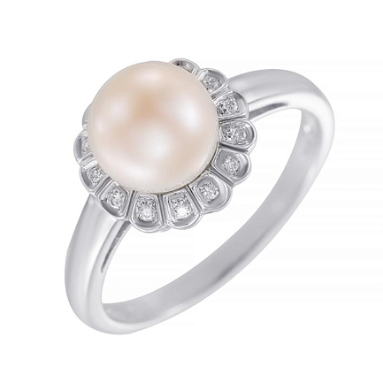 Кольцо из белого золота с бриллиантами, жемчугом
