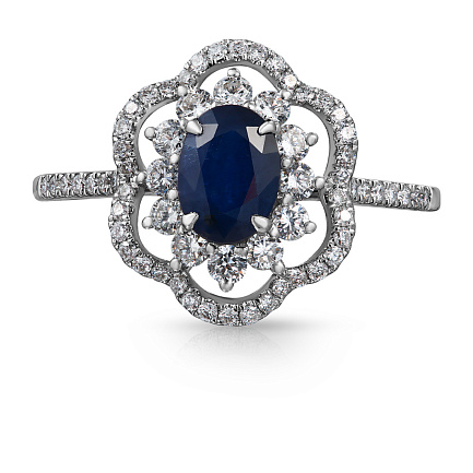 Кольцо из белого золота с бриллиантами, сапфиром