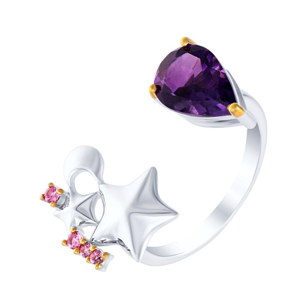 Кольцо из серебра с аметистом, фианитом