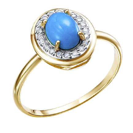 Кольцо из желтого золота с бриллиантами, бирюзой