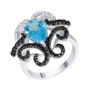 Кольцо из белого золота с бриллиантами, топазом, сапфирами