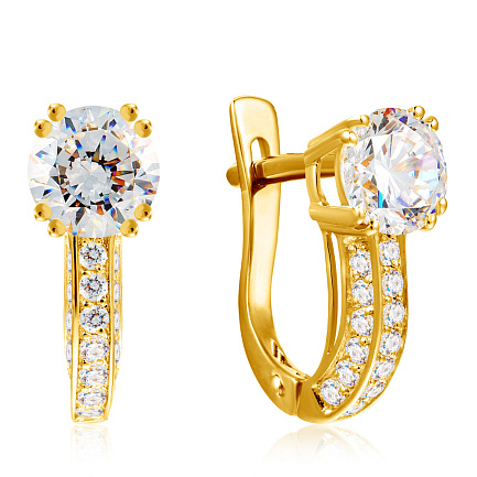 Серьги с английским замком из желтого золота с фианитом