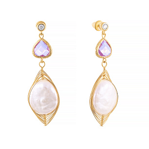 Пусеты из серебра с жемчугом, фианитом, стеклом