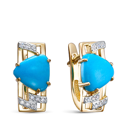 Серьги из желтого золота с бриллиантами, бирюзой