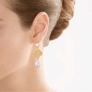 Пусеты из серебра с жемчугом, фианитом, стеклом