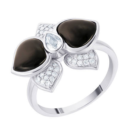 Кольцо из белого золота с бриллиантами, ониксами