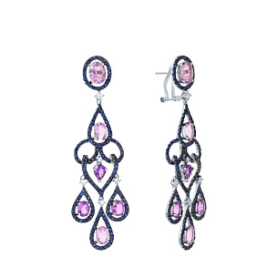 Серьги из белого золота с бриллиантами, аметистами, сапфирами