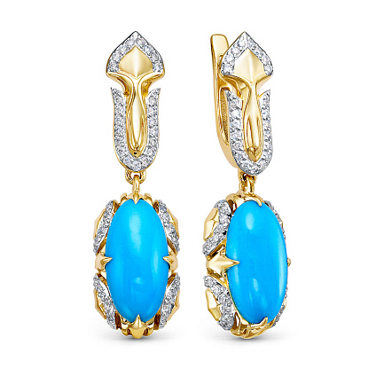 Серьги из желтого золота с бриллиантами, бирюзой