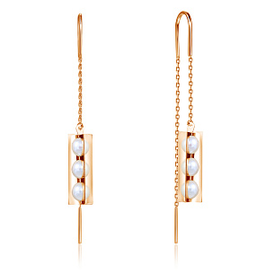 Продевки из красного золота с жемчугом, плетение якорное