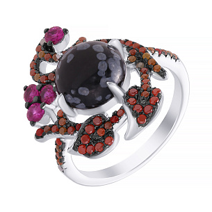 Кольцо из серебра с обсидианом, фианитом