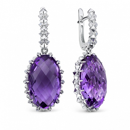 Серьги из белого золота с бриллиантами, аметистами