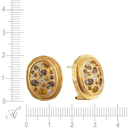 Серьги из желтого золота с бриллиантами, раухтопазами