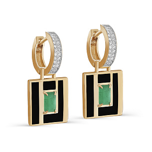 Серьги с английским замком из красного золота с бриллиантами и изумрудами