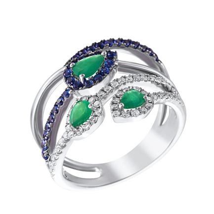 Кольцо из белого золота с бриллиантами, изумрудами