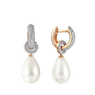 Серьги со съемным элементом из красного золота с жемчугом и фианитом