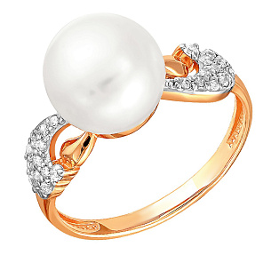 Кольцо из красного золота с жемчугом и фианитом