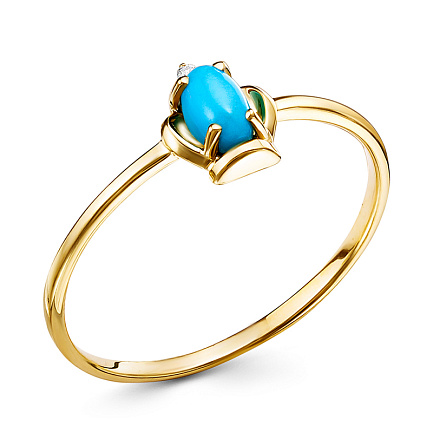 Кольцо из желтого золота с бриллиантом, бирюзой