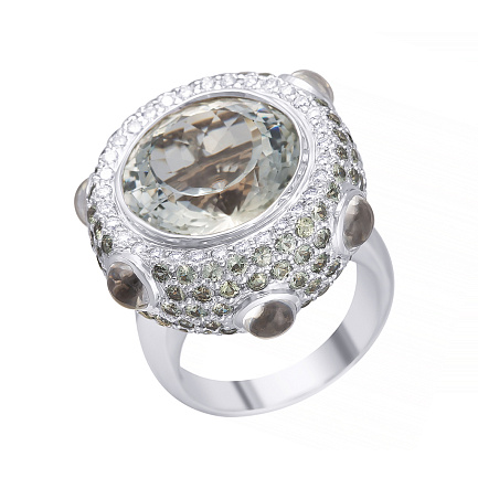 Кольцо из белого золота с бриллиантами, сапфирами