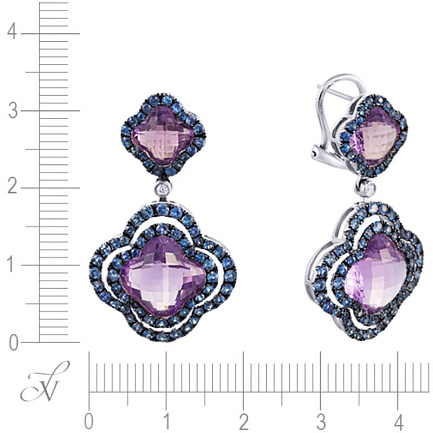 Серьги из белого золота с бриллиантами, аметистами