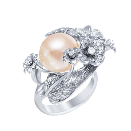 Кольцо из белого золота с бриллиантами, жемчугом