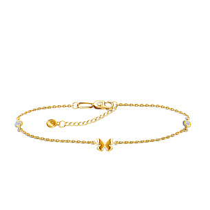 браслет на ногу декоративный из желтого золота с фианитом, плетение якорное