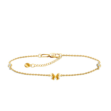 Браслет на ногу декоративный из желтого золота с фианитом, плетение якорное