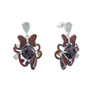 Пусеты из серебра с обсидианом, фианитом