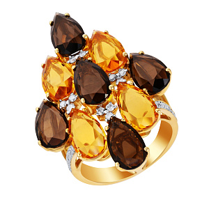 Кольцо из желтого золота с бриллиантами, раухтопазами