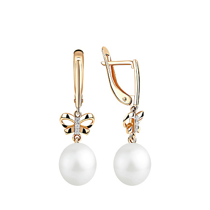 Серьги с английским замком из красного золота с жемчугом