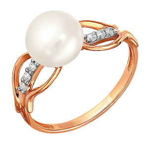 Кольцо из красного золота с жемчугом и фианитом
