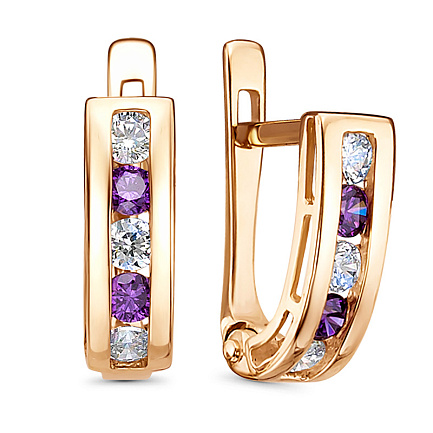 Серьги с английским замком из красного золота с фианитами