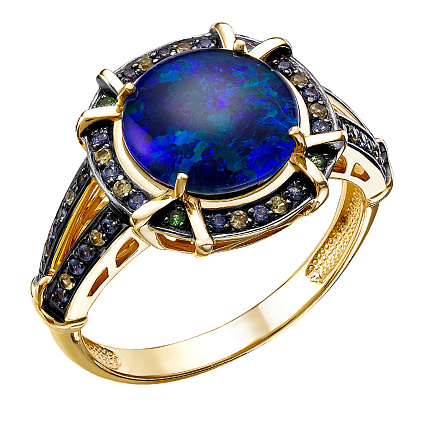 Кольцо из желтого золота с опалом, сапфирами