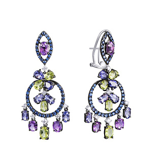 Серьги из белого золота с бриллиантами, иолитами, аметистами, сапфирами, перидотами