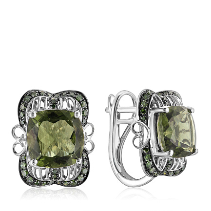 Серьги с английским замком из белого золота с молдавитом
