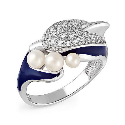 Кольцо из серебра с жемчугом, фианитами