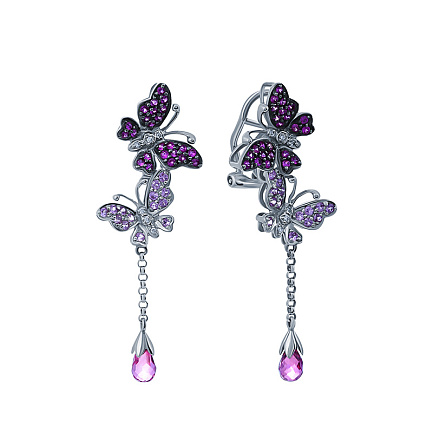 Серьги из белого золота с бриллиантами, родолитами